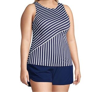 Lands’end Navy MIXED DIAGONAL STRIPE Chlorine Resistant UPF 50 Tankini Top 14L
